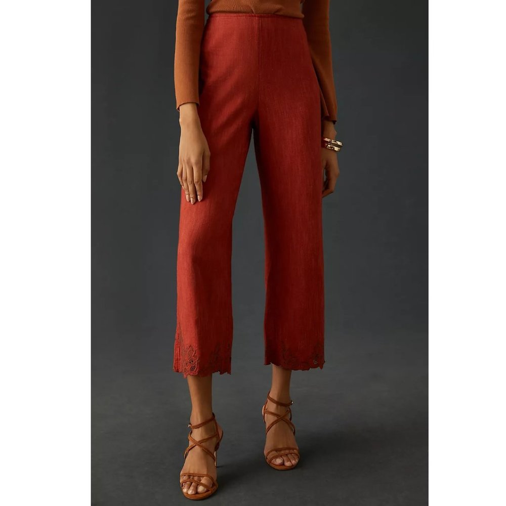 6 TALL 💛 NWOT 💛 By Anthropologie Heirloom Embroidered Pants Red 6 Tall 6T